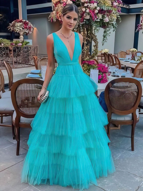 A-line V-neck Floor-length Tulle Tiered Prom Dresses #PDS020107017