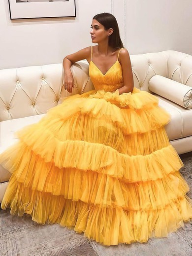 Princess V-neck Sweep Train Tulle Tiered Prom Dresses #PDS020107018