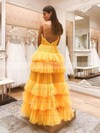 Princess V-neck Sweep Train Tulle Tiered Prom Dresses #PDS020107018