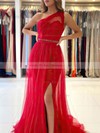 A-line One Shoulder Sweep Train Tulle Beading Prom Dresses #PDS020107020