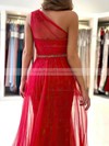 A-line One Shoulder Sweep Train Tulle Beading Prom Dresses #PDS020107020
