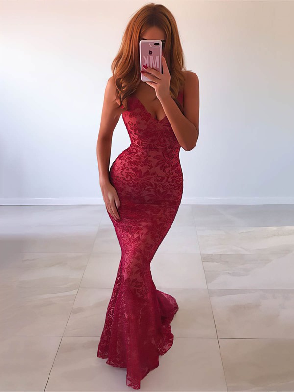 Trumpet/Mermaid V-neck Sweep Train Lace Crystal Detailing Prom Dresses #PDS020107022