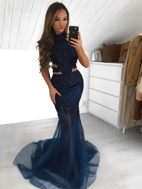 Trumpet/Mermaid High Neck Sweep Train Tulle Beading Prom Dresses #PDS020107025
