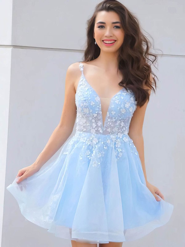 A-line V-neck Tulle Short/Mini Appliques Lace Short Prom Dresses #PDS020107027