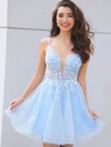 A-line V-neck Short/Mini Tulle Appliques Lace Prom Dresses #PDS020107027