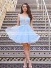 A-line V-neck Short/Mini Tulle Appliques Lace Prom Dresses #PDS020107027