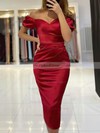 Sheath/Column Off-the-shoulder Tea-length Silk-like Satin Ruffles Prom Dresses #PDS020107032