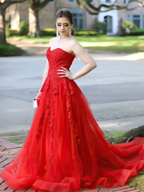 A-line Strapless Court Train Tulle Beading Prom Dresses #PDS020107033