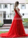 A-line Strapless Court Train Tulle Beading Prom Dresses #PDS020107033