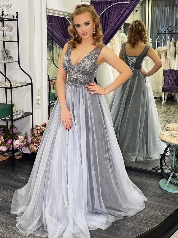 A-line V-neck Sweep Train Tulle Beading Prom Dresses #PDS020107050