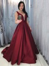 Ball Gown V-neck Court Train Satin Beading Prom Dresses #PDS020107059