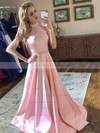 A-line High Neck Sweep Train Satin Beading Prom Dresses #PDS020107067