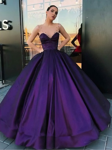 Ball Gown Scoop Neck Sweep Train Satin Pearl Detailing Prom Dresses #PDS020107068