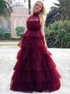 Princess High Neck Sweep Train Tulle Tiered Prom Dresses #PDS020107069