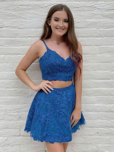A-line V-neck Short/Mini Tulle Appliques Lace Prom Dresses #PDS020107074