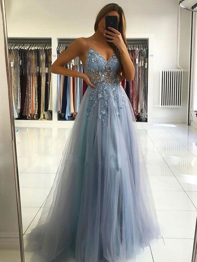 A-line V-neck Sweep Train Tulle Beading Prom Dresses #PDS020107079