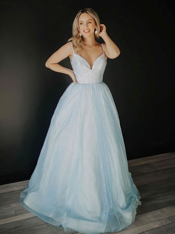 Ball Gown V-neck Sweep Train Glitter Beading Prom Dresses #PDS020107080