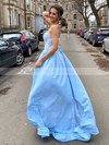 A-line V-neck Sweep Train Satin Appliques Lace Prom Dresses #PDS020107081