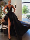 A-line Strapless Sweep Train Satin Pockets Prom Dresses #PDS020107084