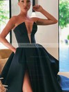 A-line Strapless Sweep Train Satin Pockets Prom Dresses #PDS020107084