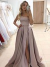 A-line One Shoulder Sweep Train Satin Sashes / Ribbons Prom Dresses #PDS020107089