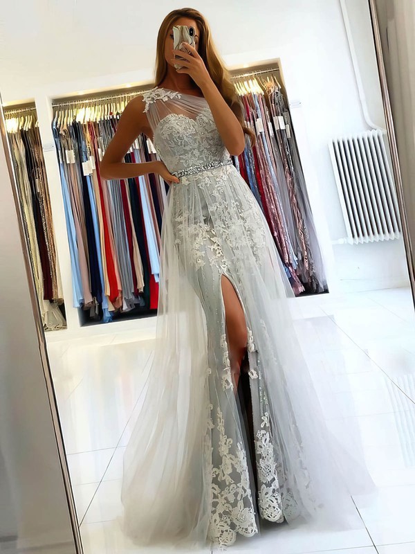 Sheath/Column One Shoulder Sweep Train Tulle Beading Prom Dresses #PDS020107094