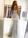 Sheath/Column One Shoulder Sweep Train Tulle Beading Prom Dresses #PDS020107094