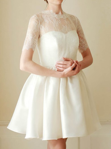 Short/Mini White Satin Lace Short Sleeve High Neck 2016 Wedding Dress #PDS00020682