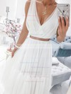 A-line V-neck Tea-length Chiffon Sashes / Ribbons Prom Dresses #PDS020107097