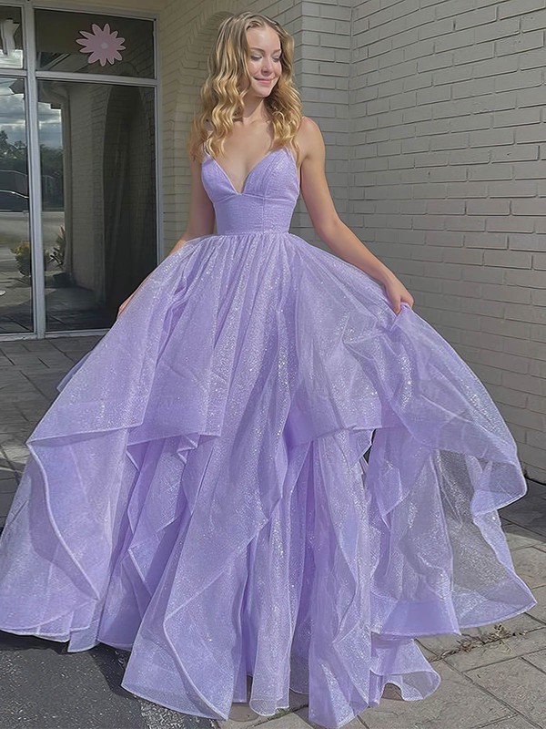 Ball Gown V-neck Sweep Train Glitter Tiered Prom Dresses #PDS020107129