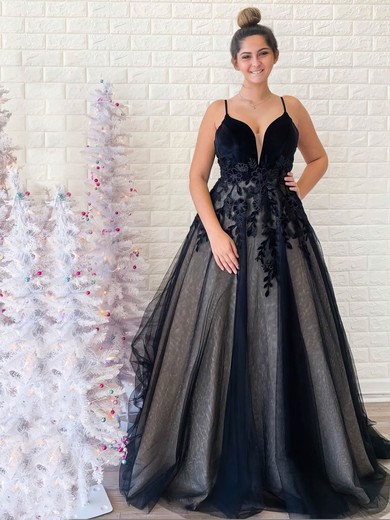 Ball Gown V-neck Sweep Train Tulle Appliques Lace Prom Dresses #PDS020107134