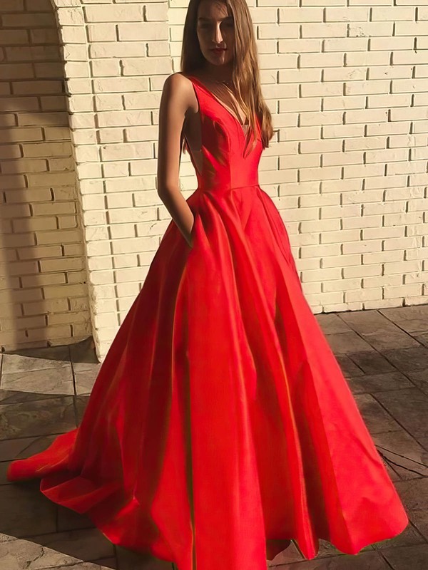 Ball Gown V-neck Sweep Train Satin Pockets Prom Dresses #PDS020107146