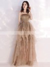 A-line Square Neckline Floor-length Tulle Tiered Prom Dresses #PDS020107151