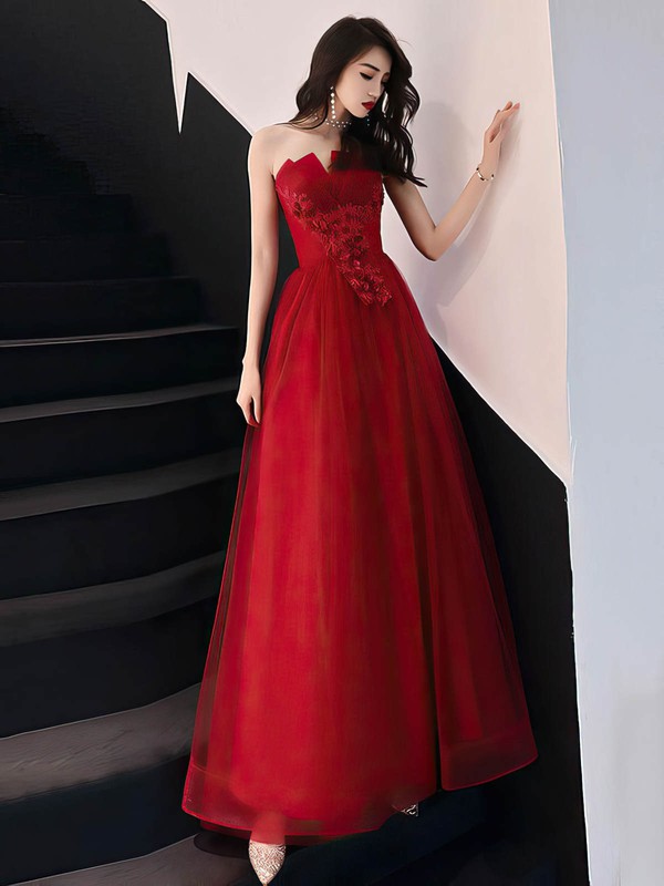 Ball Gown Strapless Floor-length Organza Appliques Lace Prom Dresses #PDS020107153