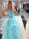 Ball Gown V-neck Sweep Train Tulle Sashes / Ribbons Prom Dresses #PDS020107159