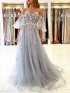 A-line Off-the-shoulder Sweep Train Tulle Sashes / Ribbons Prom Dresses #PDS020107169