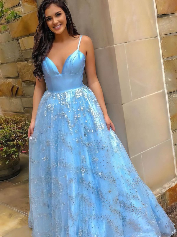 Ball Gown V-neck Sweep Train Satin Tulle Sequins Prom Dresses #PDS020107172