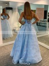 Ball Gown V-neck Sweep Train Satin Tulle Sequins Prom Dresses #PDS020107172
