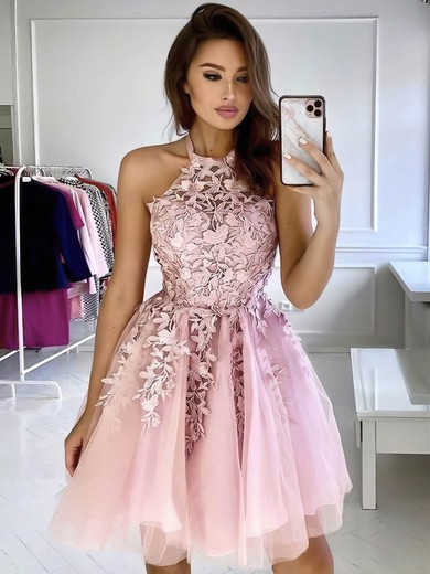 A-line Halter Short/Mini Tulle Appliques Lace Prom Dresses #PDS020107179