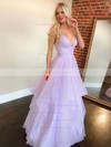 A-line V-neck Floor-length Glitter Cascading Ruffles Prom Dresses #PDS020107182