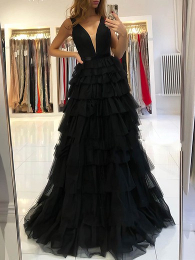 A-line V-neck Sweep Train Tulle Tiered Prom Dresses #PDS020107195
