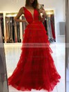 A-line V-neck Sweep Train Tulle Tiered Prom Dresses #PDS020107195