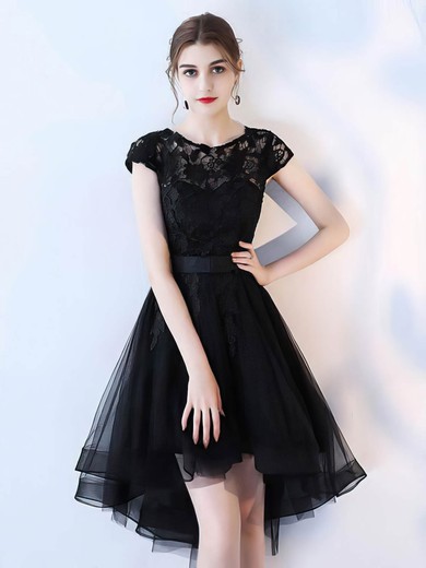 A-line Scoop Neck Asymmetrical Tulle Appliques Lace Prom Dresses #PDS020107197