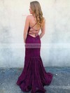 Trumpet/Mermaid V-neck Sweep Train Lace Beading Prom Dresses #PDS020107199