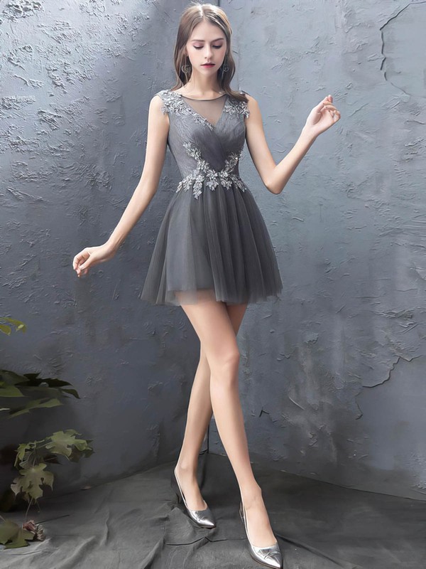 A-line Scoop Neck Tulle Short/Mini Beading Short Prom Dresses #PDS020107200