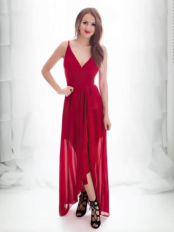 A-line V-neck Asymmetrical Chiffon Ruffles Prom Dresses #PDS020107203