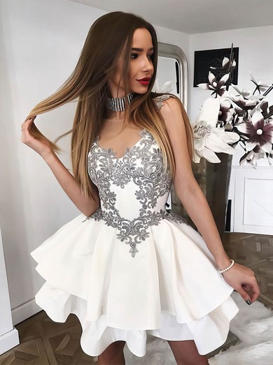 A-line Scoop Neck Short/Mini Silk-like Satin Beading Prom Dresses #PDS020107213