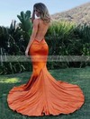 Trumpet/Mermaid V-neck Sweep Train Silk-like Satin Ruffles Prom Dresses #PDS020107216