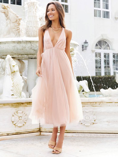 A-line V-neck Ankle-length Tulle Prom Dresses #PDS020107230