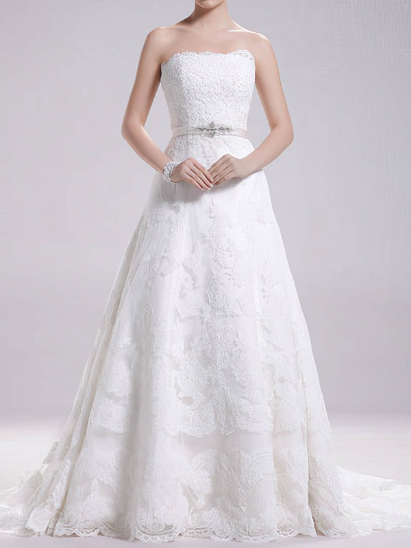 Best Sweep Train Strapless Lace-up Sashes/Ribbons White Lace Wedding Dress #PDS00020695